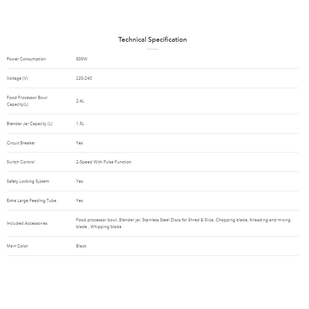 ELBA 2.4L Food Processor EFP-K2480(BK) | 800W Power Consumption | 2-Speed With Pulse Function | Safety Locking System | Food Processor with 1 Year Warranty