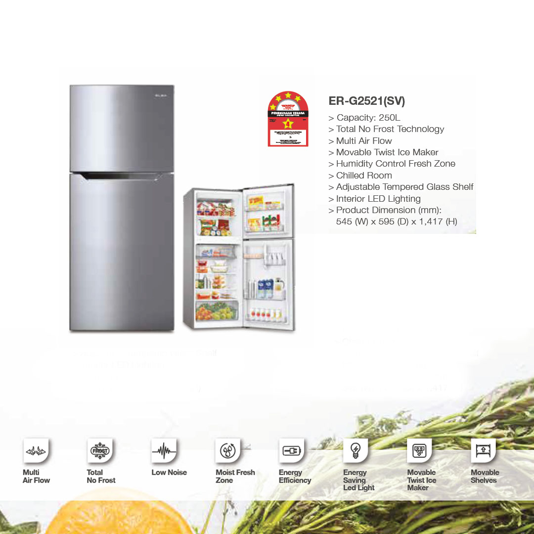 ELBA 250L/310L/350L 2 Doors Refrigerator ER-G2521(SV)/ER-G3125(SV)/ER-G3529(SV) | R600a | Recessed Handle | Adjustable Shelves | Refrigerator with 1 Year General Warranty & Compressor with 10 Years Warranty