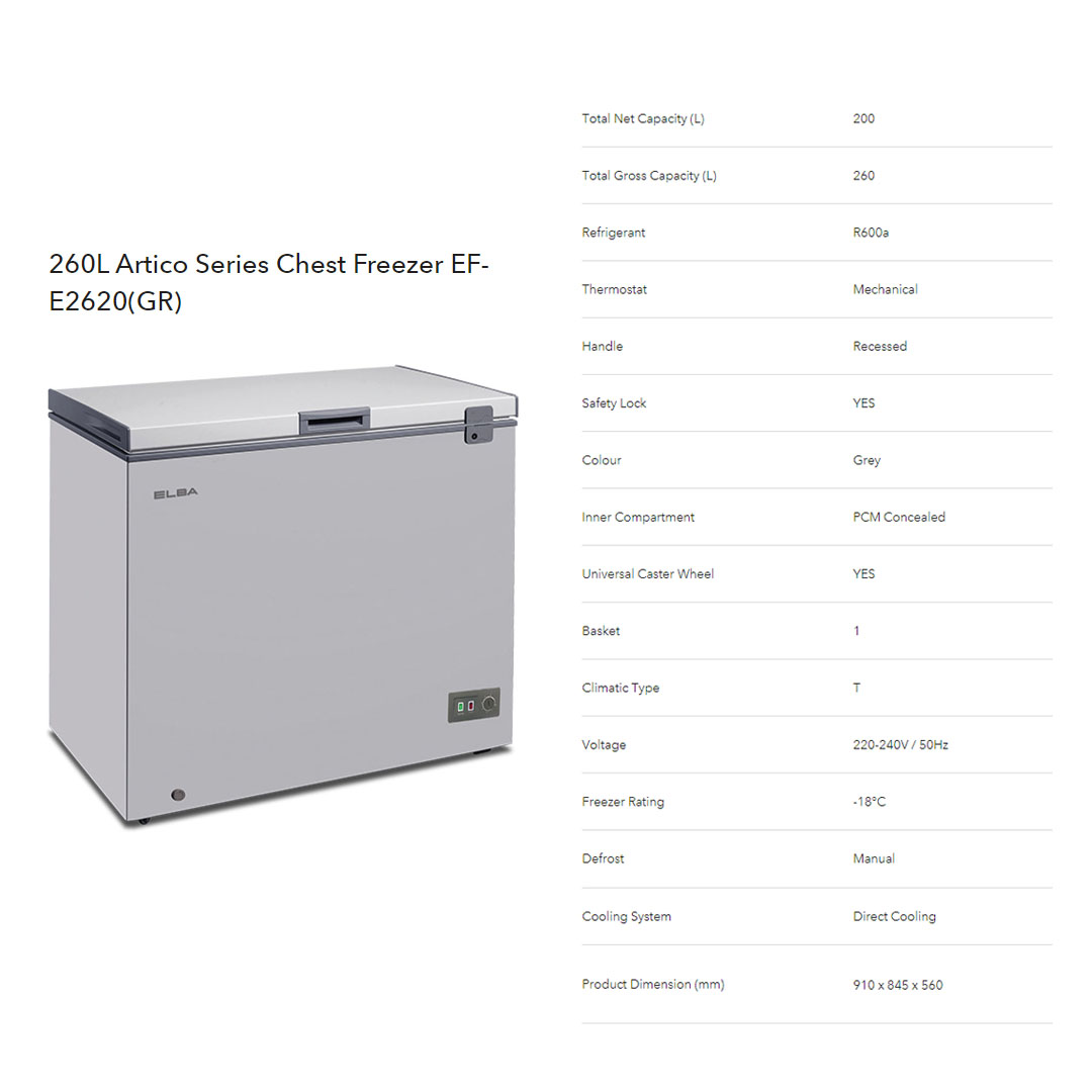 ELBA 130L|190L|260L Chest Freezer EF-E1310(GR)/EF-E1915(GR)/EF-E2620(GR) | R600a | Mechanical Control | Recessed Handle | Safety Lock | Chest Freezer with 1 Year General Warranty & 5 Years Motor Warranty