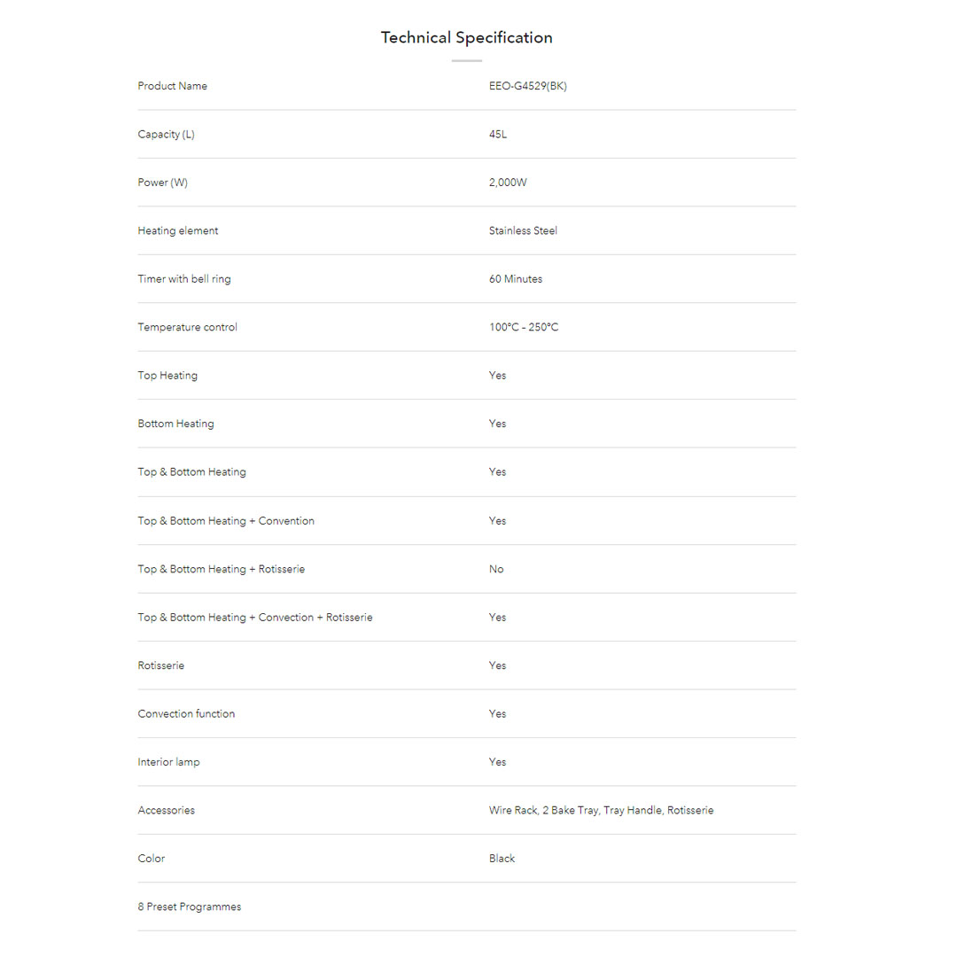 ELBA 35L/45L Oven EEO-G3519(BK)/EEO-G4529(BK) | 6 Heating Selections | Timer with bell ring | Included Wire Rack, 2 Bake Tray, Tray Handle, Rotisserie | Oven with 1 Year Warranty