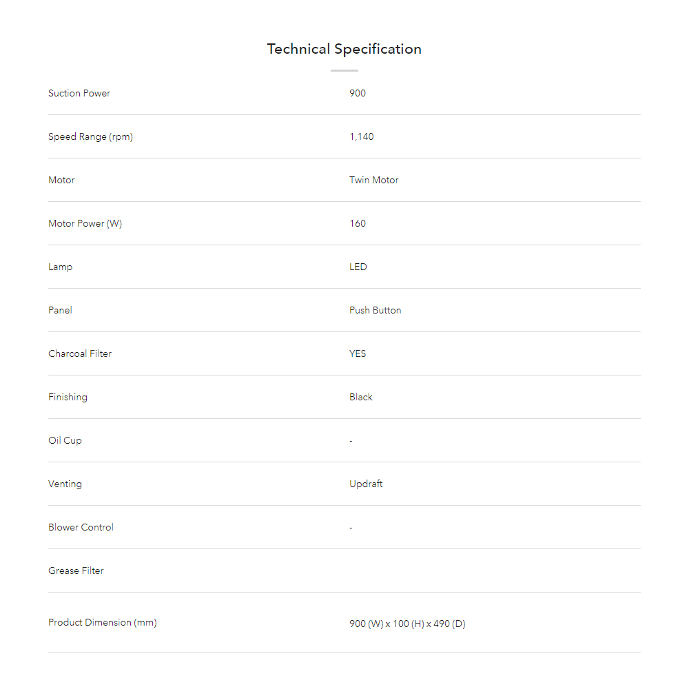 ELBA 900m³/hr Slim Cooker Hood ESH-M9098(BK) | Updraft Venting | With Charcoal Filter | Twin Motor