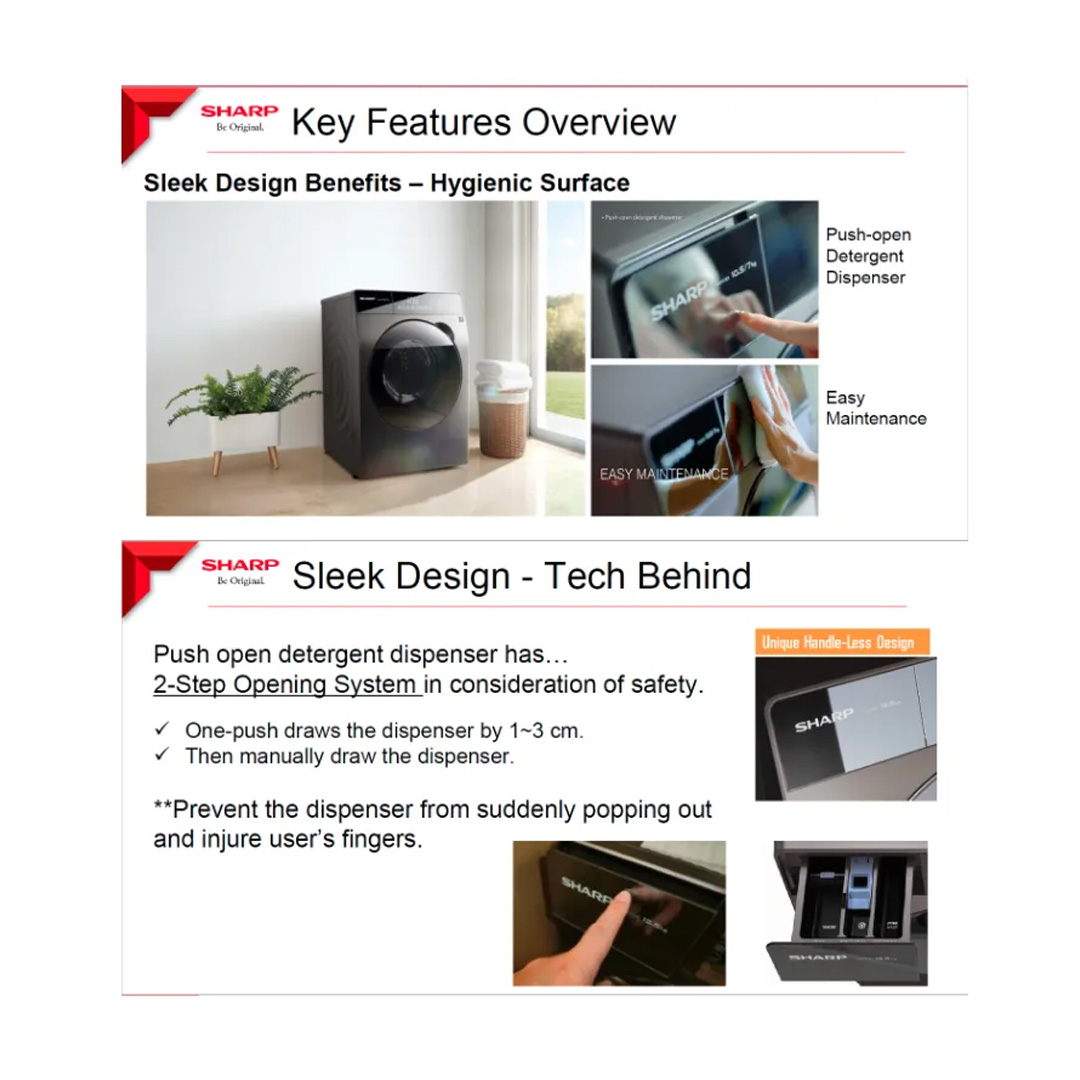 SHARP 12.5KG Pro-Flex Front Load J-Tech Inverter Washer ESFK1252SMG | Guided Control | Water Saving | Child Lock | Washer Dryer with 2 Year Warranty