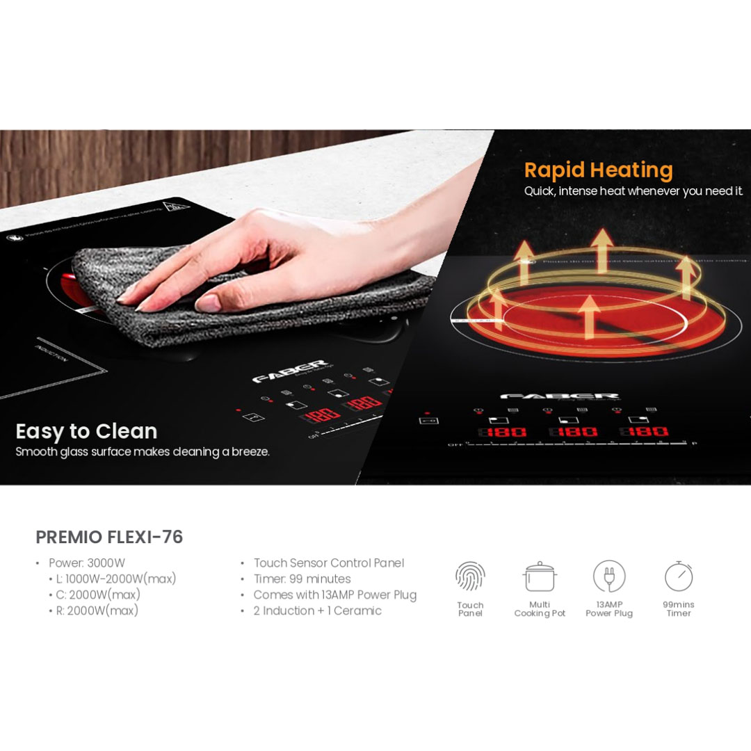 FABER 2Induction+1Ceramic Power Built-In Ceramic Hob PREMIO FLEXI-76 2ID+1C | Touch Sensor Control Panel