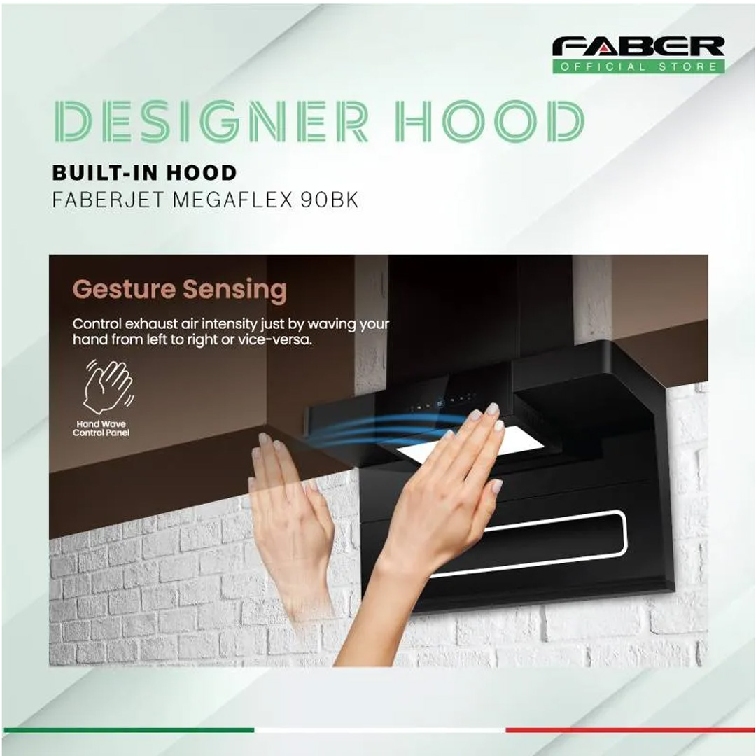 FABER 1600m3/h Designer Hood FABERJET MEGAFLEX 90BK | Tempered Glass Surface | Turbo Speed Function | Auto Heat Cleaning | Hand Wave Control | Cooker Hood with 1 Year Manufacture