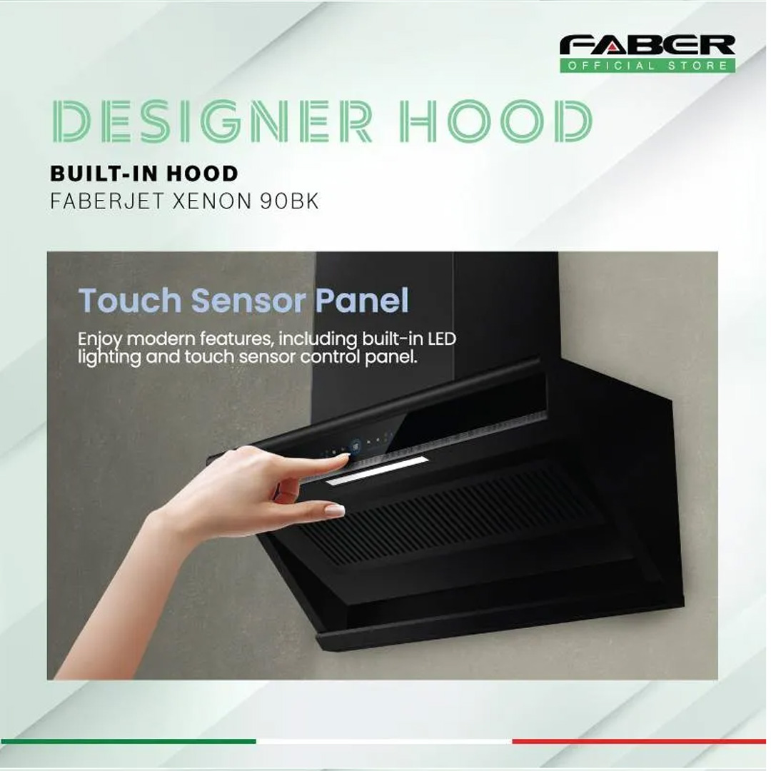FABER 1600m3/h Designer Hood FABERJET XENON 90BK | Tempered Glass Surface | Turbo Speed Function | Auto Heat Cleaning | Hand Wave Control | Cooker Hood with 1 Year Manufacture