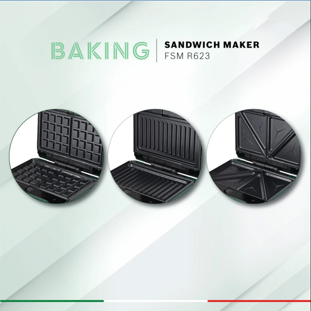 Faber 2 Slices Retro Series Sandwich Maker FSM R623 | Non Stick Plate | Automatic Temperature Control | 3 Variety Plates | Sandwich Maker with 1 Year Warranty