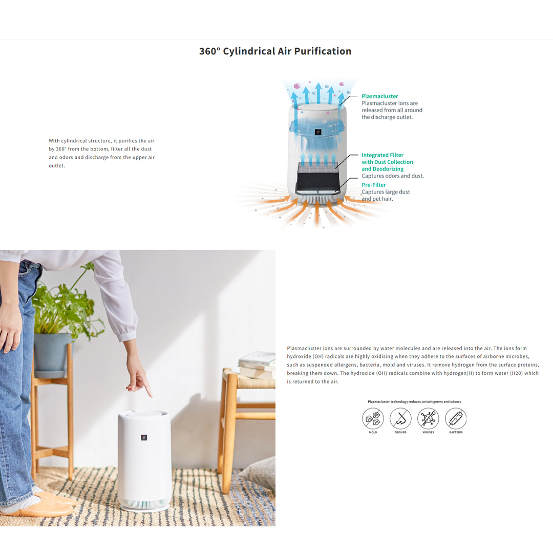 SHARP 10m² Plasmacluster Technology Tower Air Purifier FUNC01W | Removal of Odor | 360° Cylindrical Air Purification | Dust Collection | Deodorization Integrated Filter | Air Purifier with 1 Year Warranty