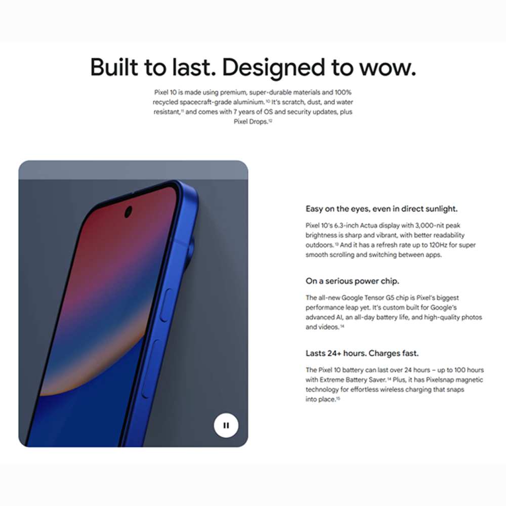 Google Pixel 10 |  Google Tensor G5 |  5x telephoto lens with 20x Super Res Zoom | 4,970 mAh battery | Extreme Battery Saver mode