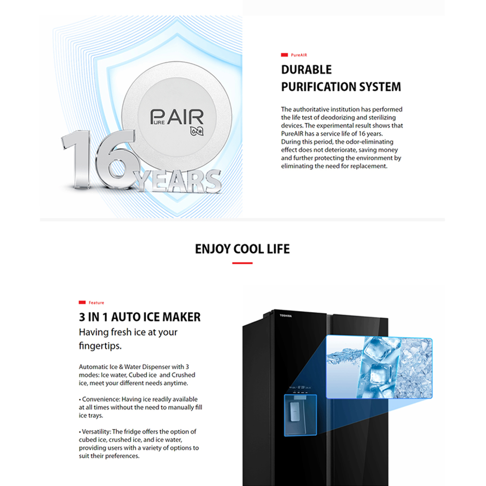 TOSHIBA 640L Side by Side Origin Inverter Refrigerator GR-RS755WIA-PGY(22) | Touch Digital Panel | TSmartLife Smart Control | Origin Inverter | 2  Year General Warranty   12 Year Motor Warranty