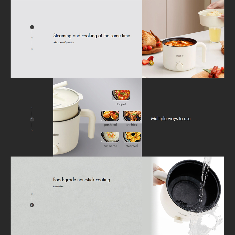 Gaabor 1.5L Electric Pot Multifunction Cooker GR-N15A |  Multiple ways to use |  Minimalist-style rice cooker | Food-grade non-stick coating | 1  Year General Warranty