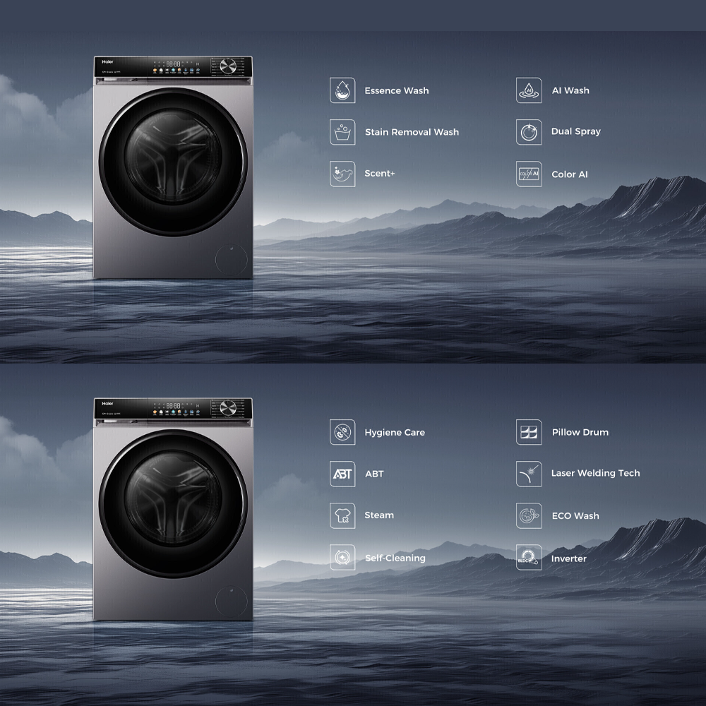 HAIER 9KG/10KG/12KG Color AI Inverter Front Load Washing Machine BP12357S8 | 5 Star Energy Saving Rating | Color AI Panel Screen | Smart Wash (Essence Wash)