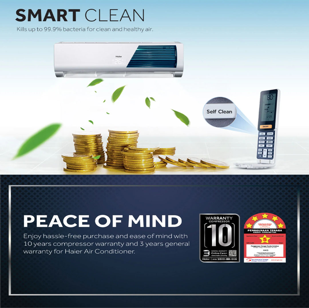 HAIER 1HP/1.5HP R32 UV Cool Inverter Wall Mount Air Conditioner HSU-10VXA21 / HSU-13VXA21 | Energy Saving | Smart Clean | Air Conditioner with 3 Year Warranty