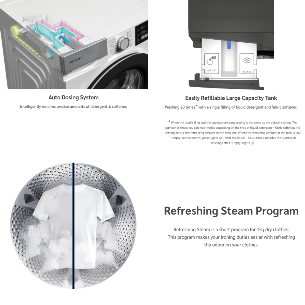 Hitachi 9/ 10KG Front Load Inverter Steam & Hygiene Washing Machine BD-90YFVEM / BD-100XFVEADM | Steam & Hygience Programme | Efficient Inverter Motor | 15 Preset Programmes