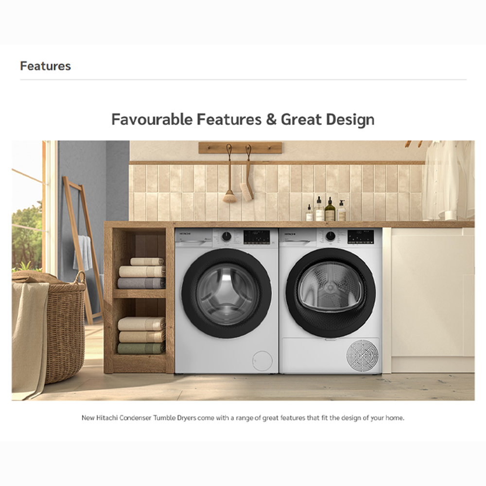 Hitachi 8KG Condensor Tumble Dryer TD-80YFE | Sensor Drying Programmes | Efficient Inverter Motor | 15 Preset Programmes