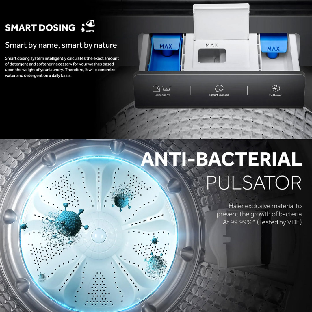 HAIER 20KG Top Load DD Inverter Washing Machine Graphite Silver HWM200-BD2178S8 | DD Inverter | Auto Dosing | Soft Closing Tempered Glass Lid | Washing Machine with 2 Years Warranty