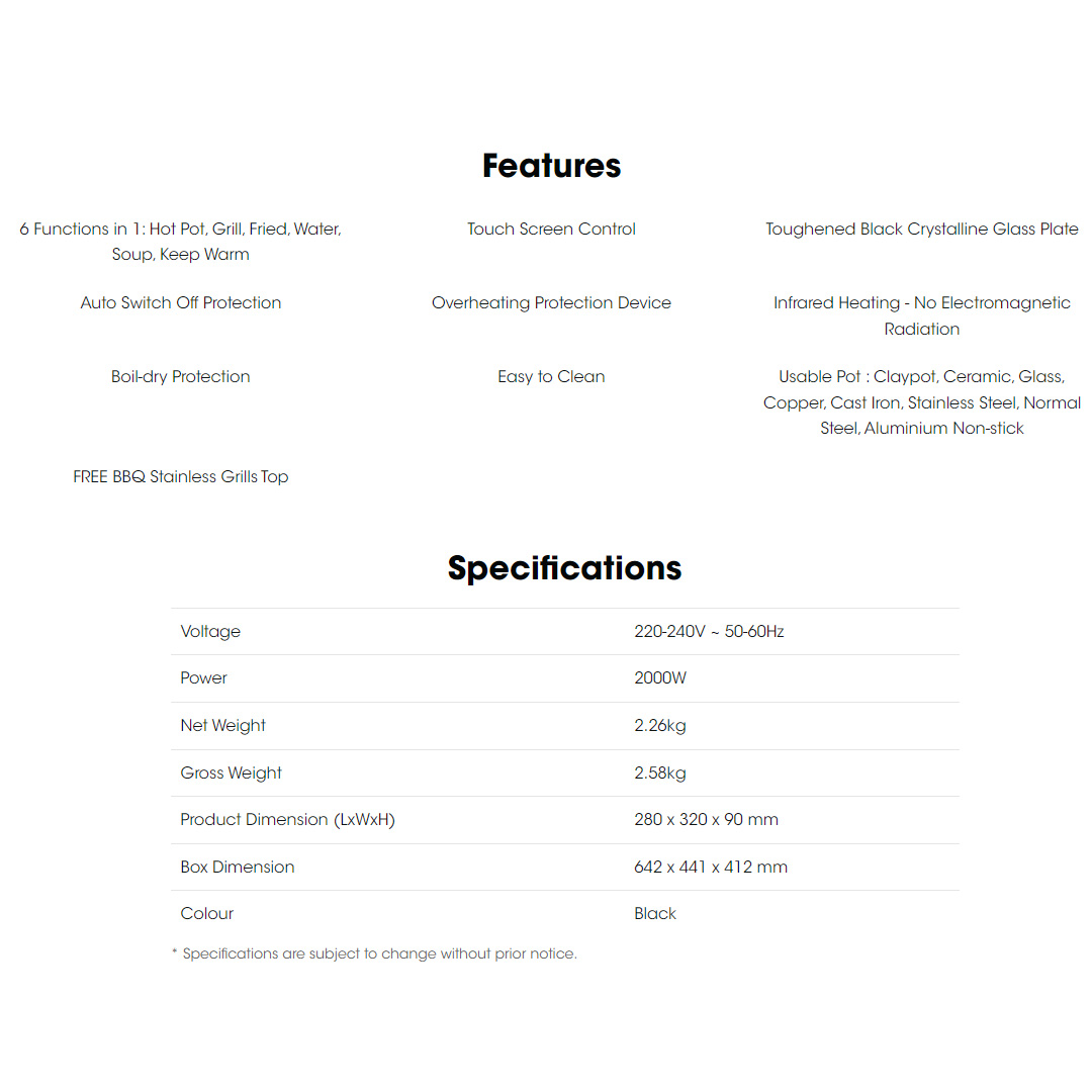 KHIND 2000W Infrared Cooker IRC2000 | 6 Functions in 1 | Touch Screen Control | Overheat Protection | Auto Switch Off | Infrared Cooker with 1 Year Warranty