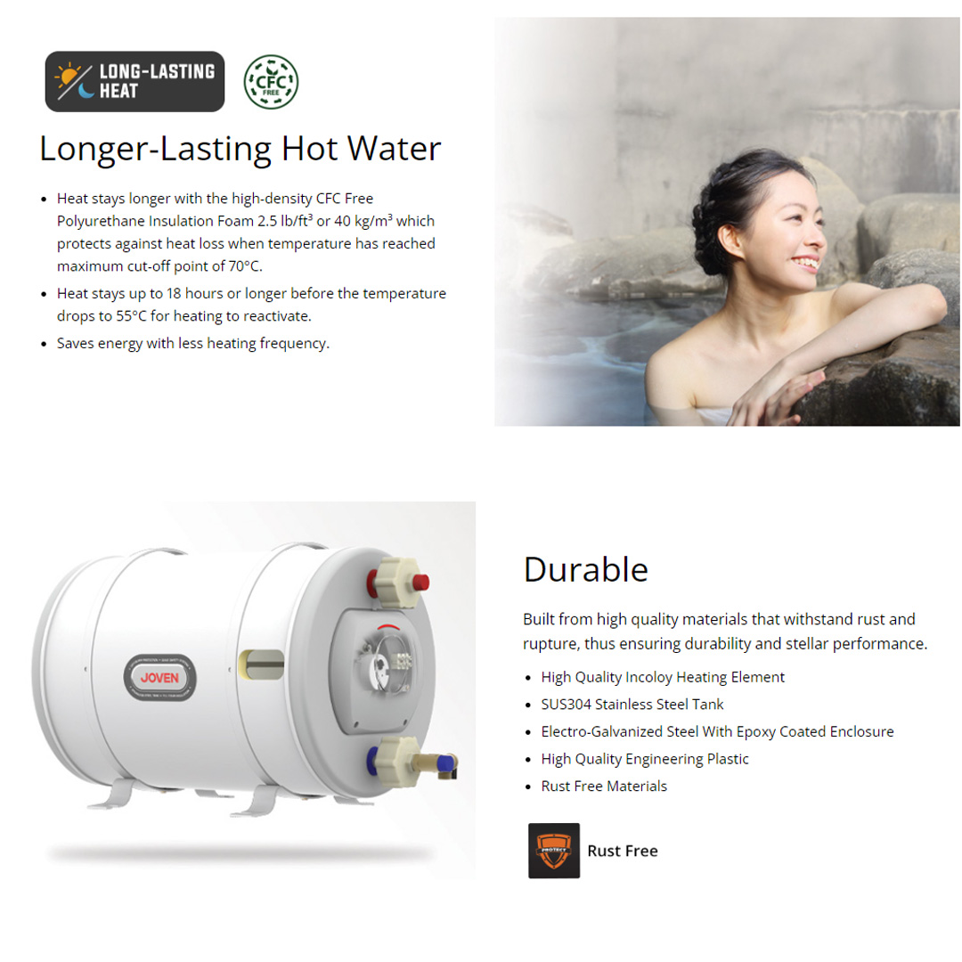 JOVEN 25L-91L Storage Water Heater JSH25 / JSH35 / JSH50 / JSH68 /JSH91 | Thermostat with Thermal Cut-Off | Centralised Multi-Point System with Enhanced Dry-Burn Protection | Hot Water Up to 70°C  | Storage Water Heater with 1 Year Warranty