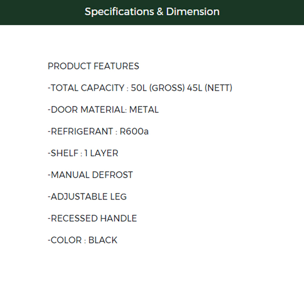 FABER 50L Minibar LUSSO 55BK | Manual Defrost | Adjustable leg | Recessed handle | 1  Year General Warranty   10 Year Motor Warranty