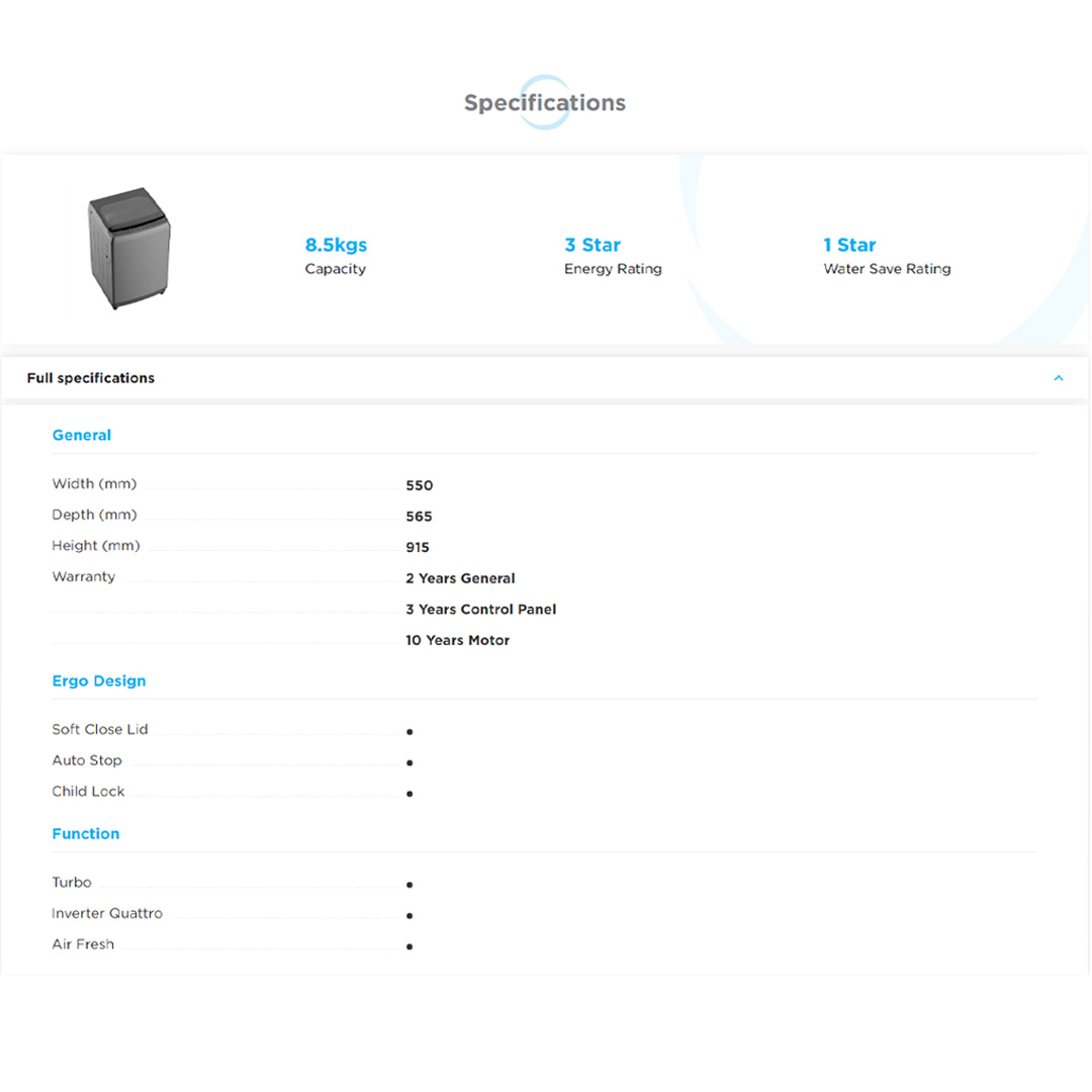 Midea 8.5KG Top Load Washing Machine MA200W85 | Ergo Design | Soft Close Lid | Auto Stop | Child Lock | Turbo | Washing Machine with 2 Year Warranty
