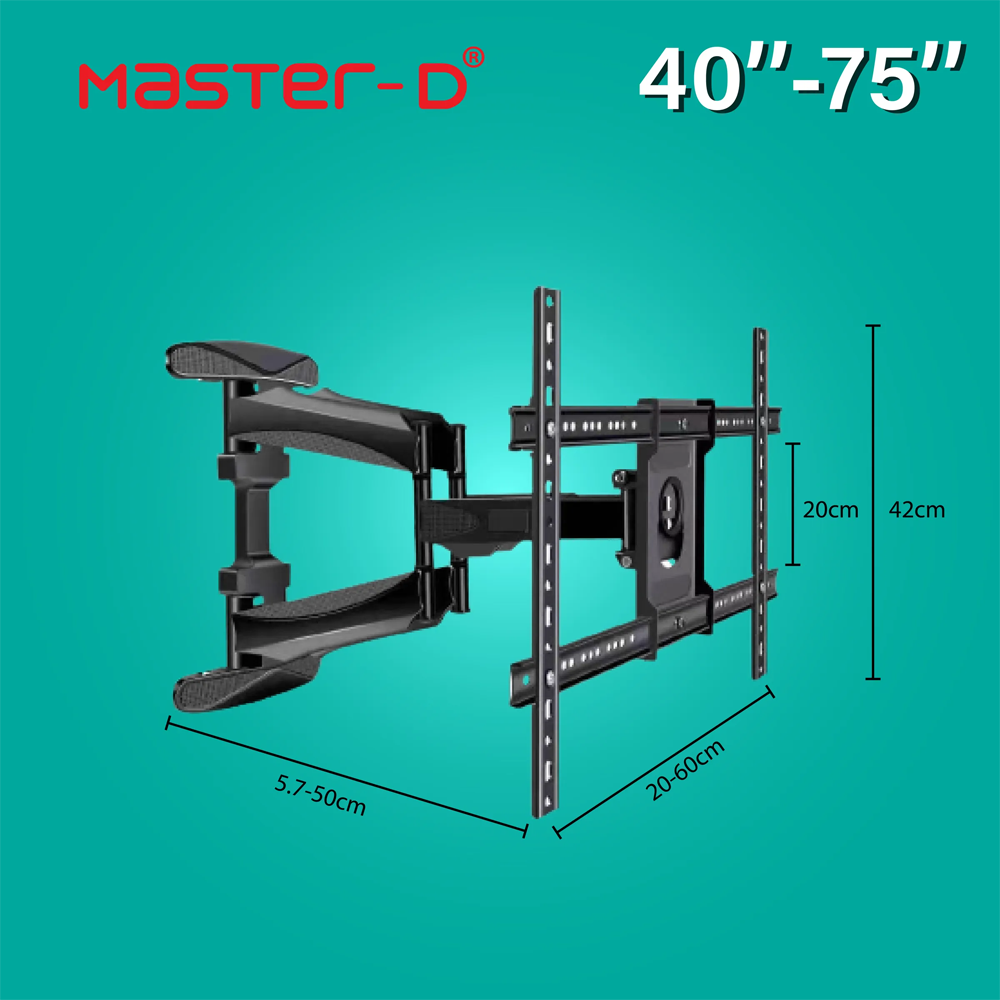 Master D 40"-75" LED TV BRACKET - Full Motion Cantilever Mount (DOUBLE CANTILEVER ARM) 767-L600 | Max Weight: 75kg | Extension: 57 - 500 mm | Tilt: +8°/-5° | Swivel: 160°