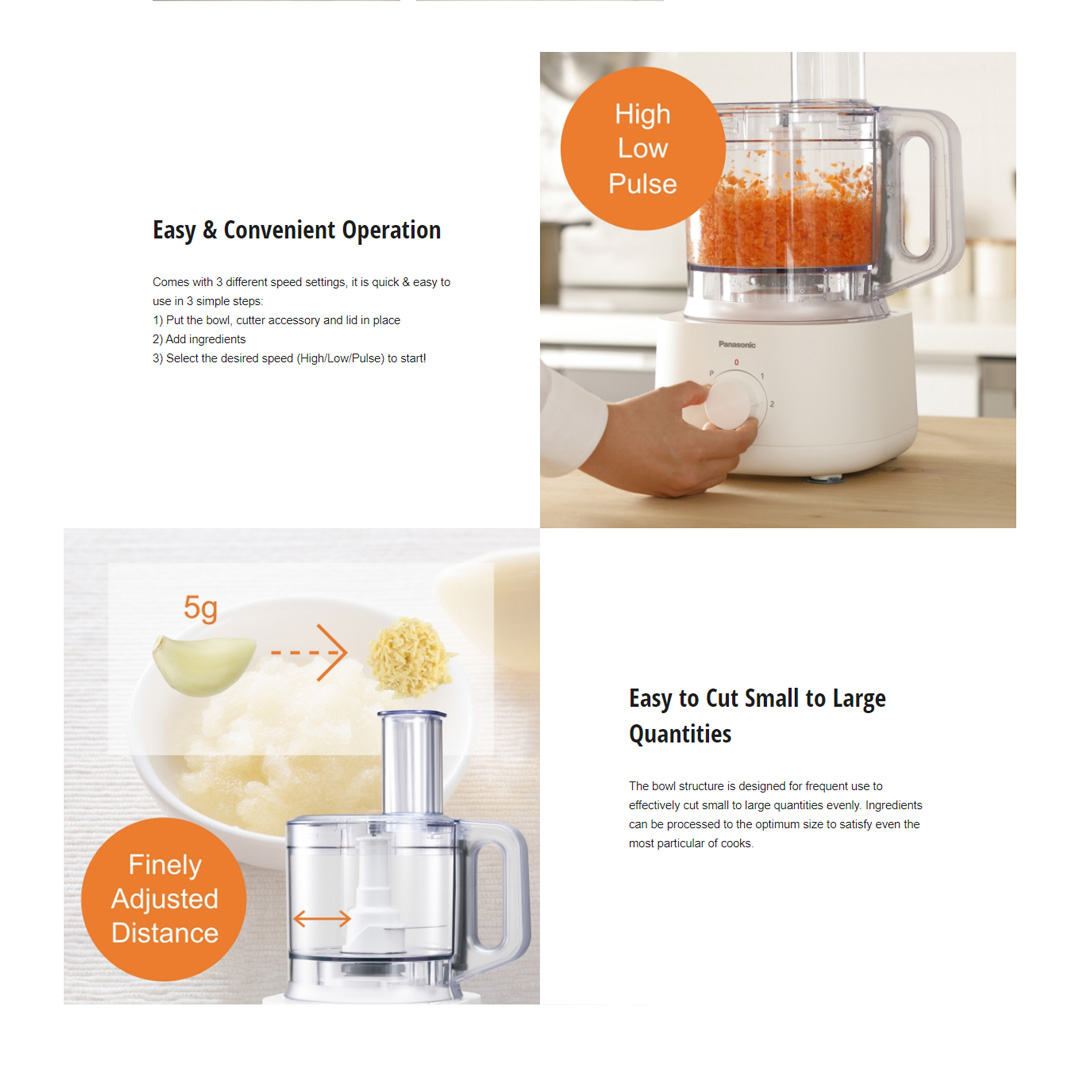 Panasonic 2.4L Food Processor MK-F310WSK | 5 Accessories for 18 Functions | High Low Pulse | Limited Size Hole | Food Processor with 1 Year Warranty