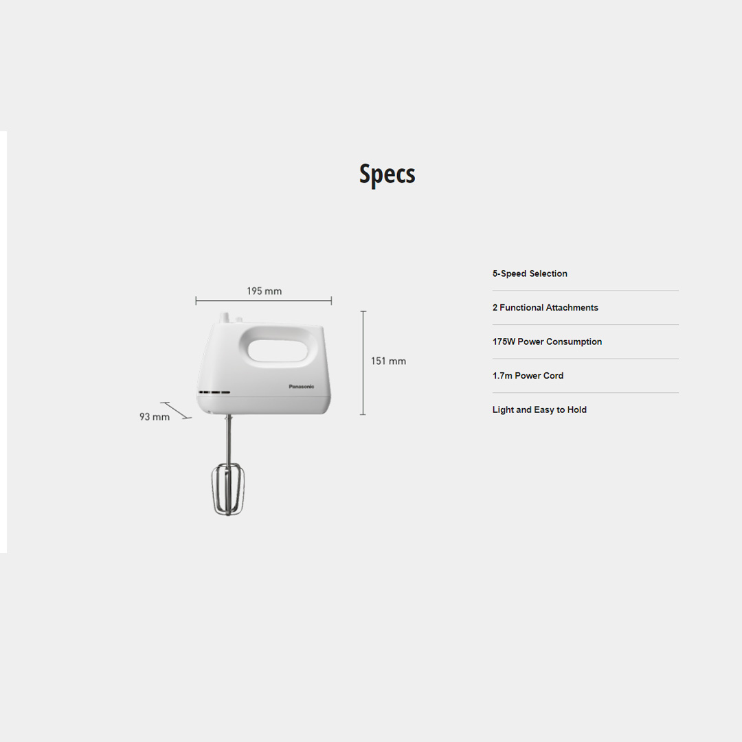 Panasonic 175W Hand Mixer MK-GH3WSK | 5-Speed Selection | 2 Functional Attachments | Light and Easy to Hold | Hand Mixer with 1 Year Warranty