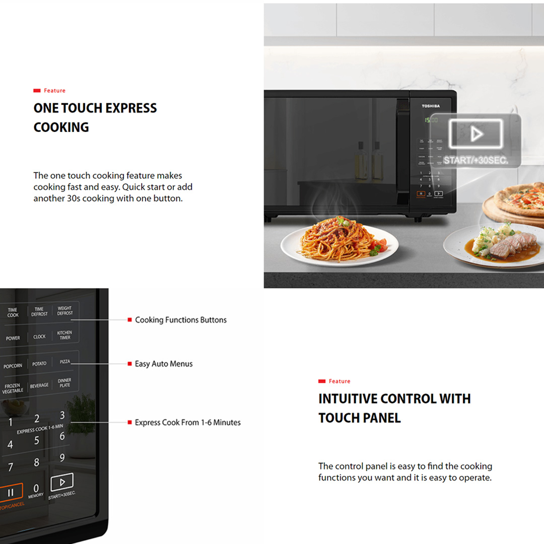 TOSHIBA 25L Microwave Oven Digital Panel MM-EM25PF(BM) | 6 Easy Auto Menu | One Touch Express Cooking | 11 Power Levels | Microwave Oven with 1 Year Warranty