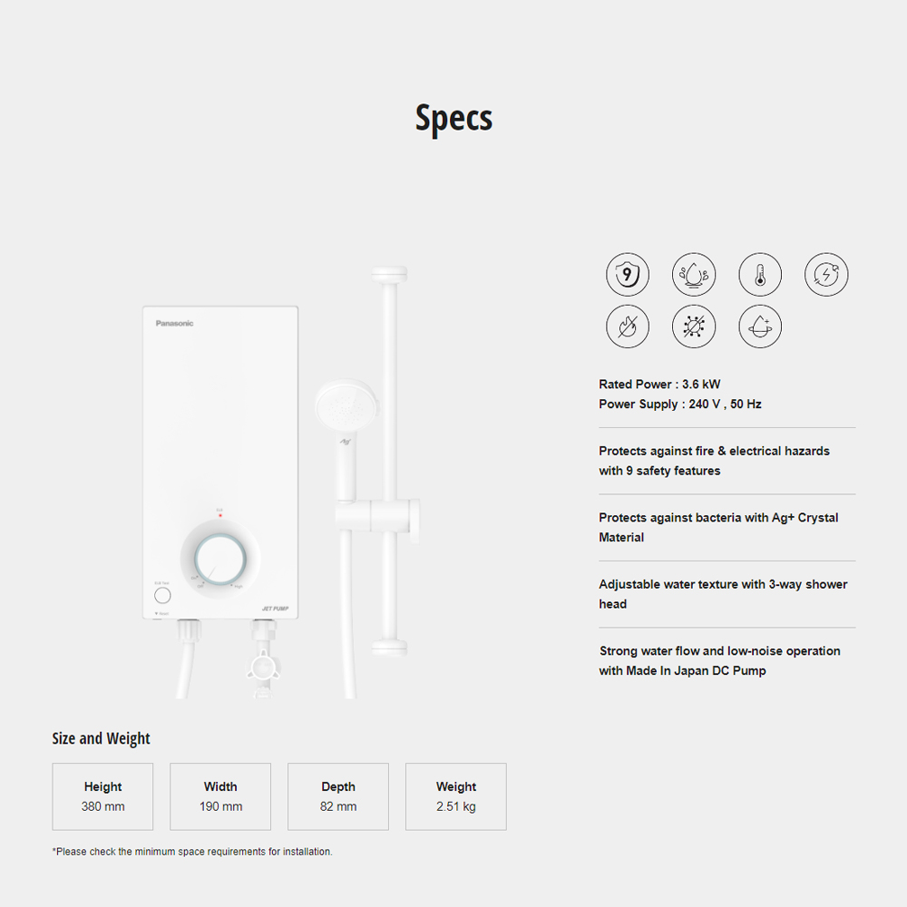 Panasonic 3600W Jet Pump V Series Home Shower (Water Heater) DH-3VP1MW | 9 Safety Features | Water Flow Sensor