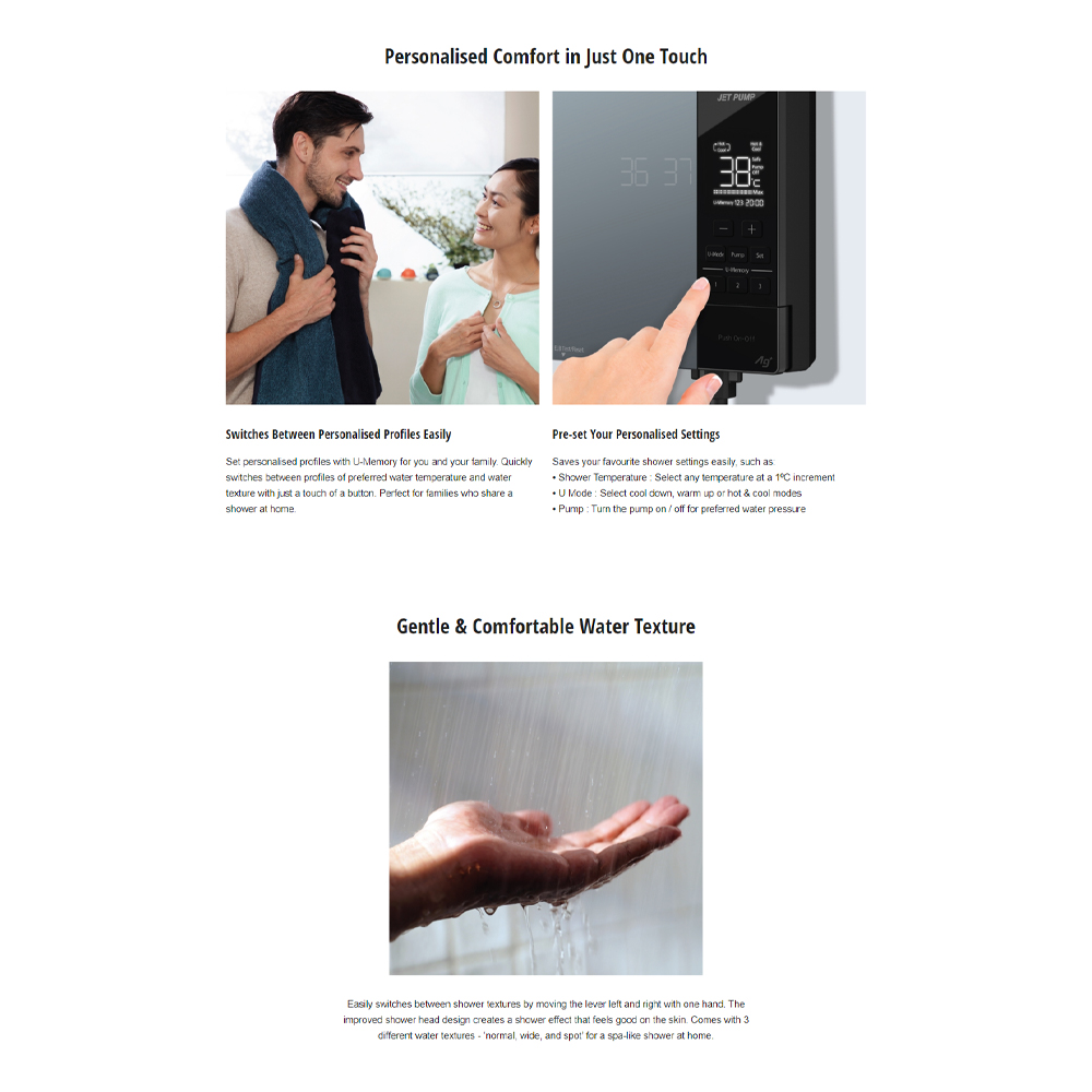 Panasonic 3600W Jet Pump U Series Home Shower (Water Heater) DH-3UDP1MZ | 9 Safety Features | 3 Way Shower Head | U-Memory