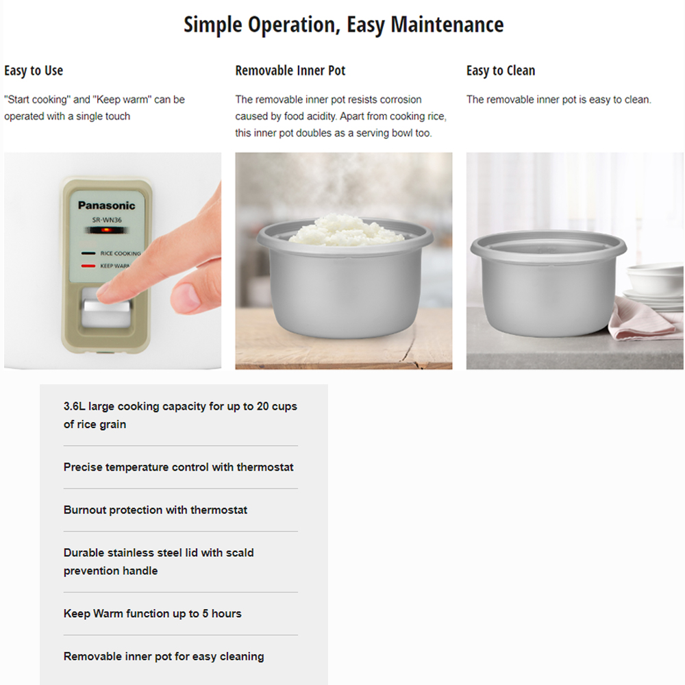 Panasonic 3.6L Conventional Rice Cooker SR-WN36WSKN | Burnout protection | Keep warm 5 hours | Large cooking capacity