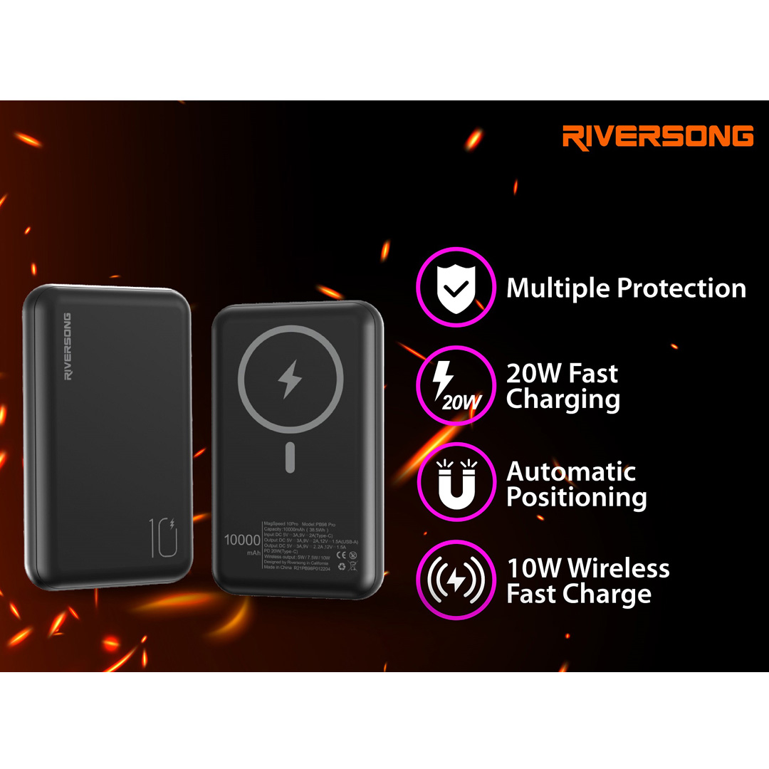 RIVERSONG 10000mAh MagSpeed 10 Pro Wireless Power Bank PB98 Pro | 10W Wireless Fast Charge | 20W Fast Charging | Power Bank with 1 Year Warranty
