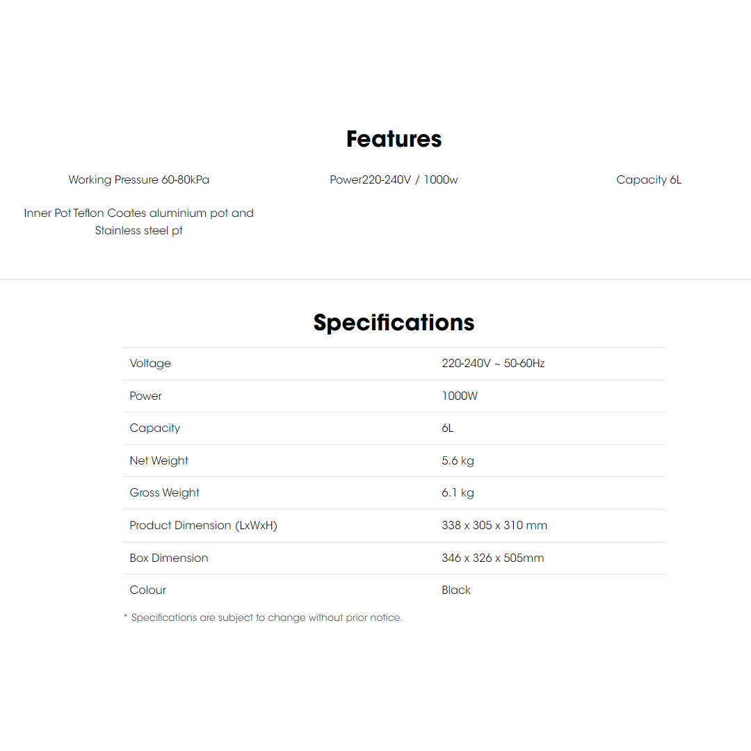 KHIND 6L Pressure Cooker PC6100 | Working Pressure 60-80kPa | Power220-240V / 1000w | 8 Multiple Safety Protections | Pressure Cooker with 1 Year Warranty
