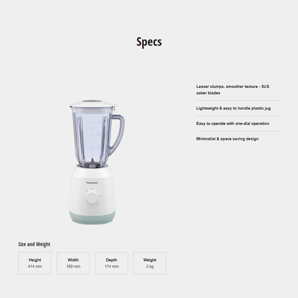 Panasonic 1.5L Twin Jugs Lightweight Blender MX-EX1531WSK | Lesser Clumps, Smoother Texture | Lightweight & Easy to Handle