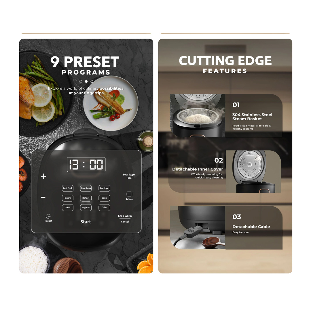 Russell Taylors 1.8L Digital Low Sugar Rice Cooker RC10 | 900W Power | 9 Preset Programs | Cutting Edge Features | Cooker with 2 Year Warranty