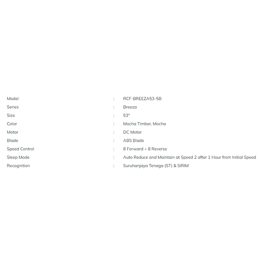 Rubine 53" 5 Blades DC Motor Ceiling Fan | RCF-BREEZA53-5B-MO / RCF-BREEZA53-5B-MT | 8F+8R Speed RF Remote Control | Turbo Speed | Ceiling Fan with 1 Year Warranty