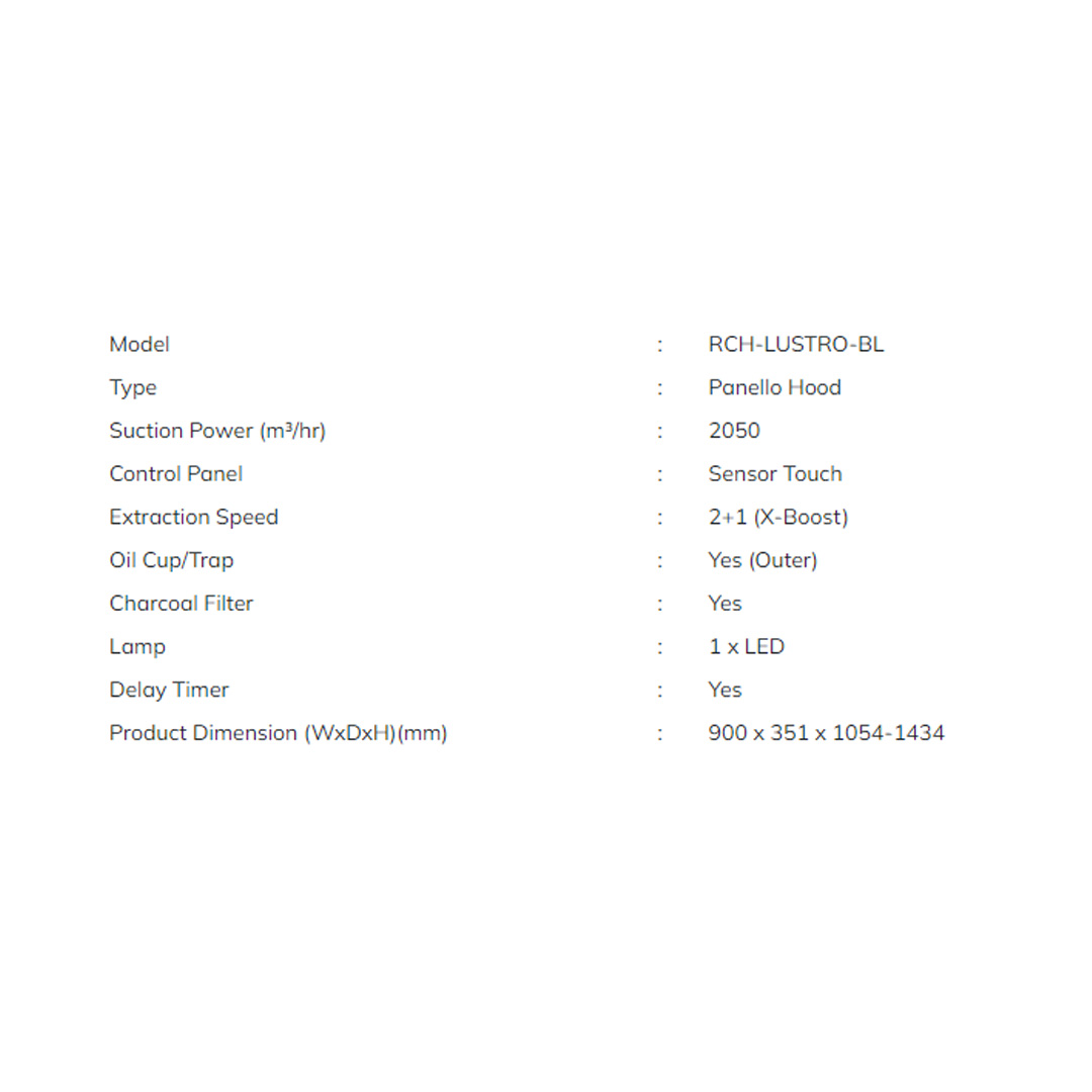 Rubine 2050m³/h Panello Hood RCH-LUSTRO-BL | 2+1 Extraction Speed | Cool-Breeze | Air Exchange | Smart Motion Sensor | Hood with 1.5 Year Warranty