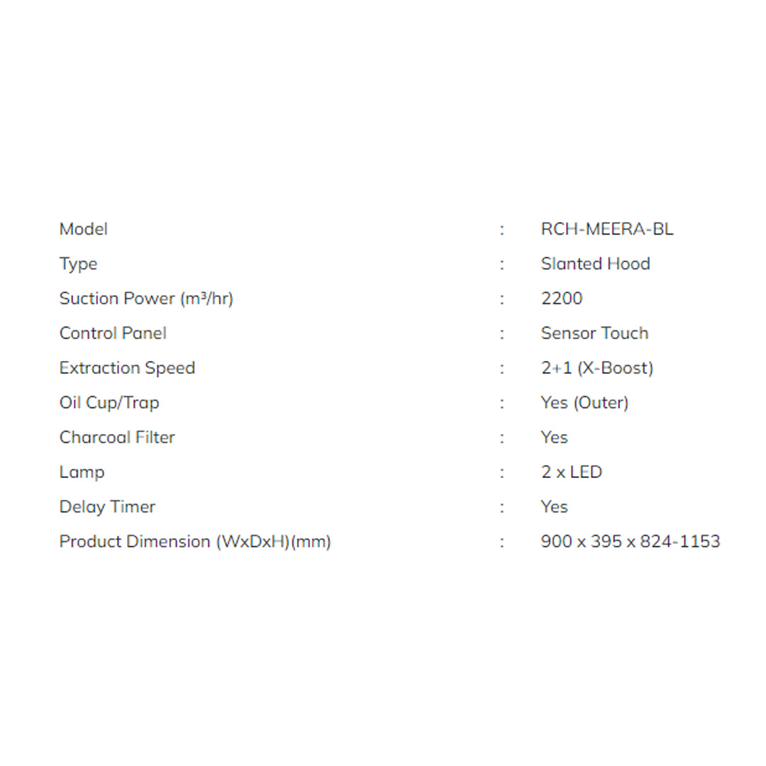 Rubine 2200m³/h Slanted Hood RCH-MEERA-BL | 2+1 Extraction Speed | Twin-Motor | Cool-Breeze | Hood with 1.5 Year Warranty