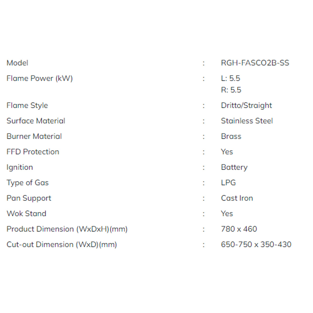 Rubine 2 Burners Built-in Gas Hob RGH-FASCO2B-SS | 5.5kW Flame Power | Battery Ignition | Hob with 1.5 Year Warranty