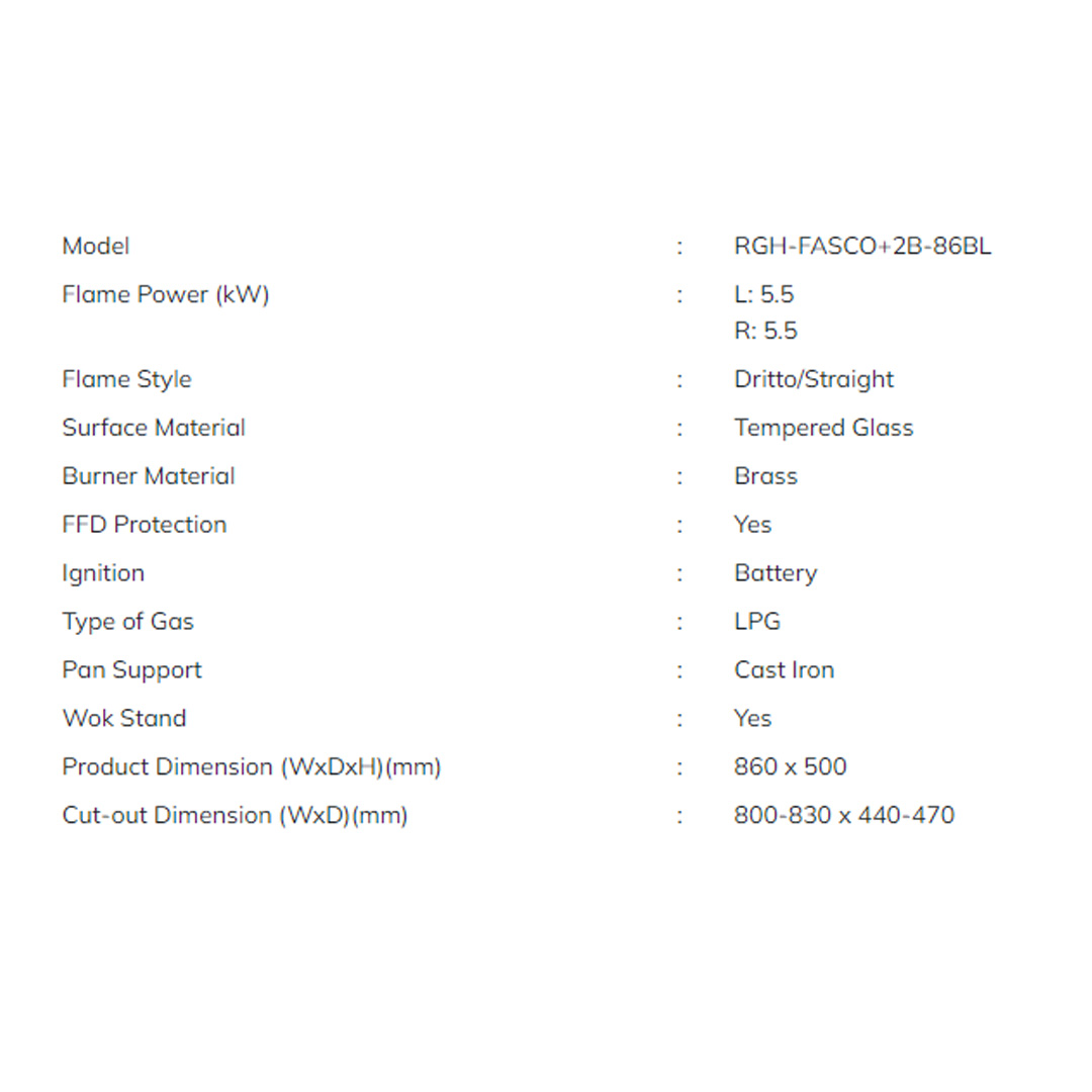 Rubine 2 Burners Built-in Glass Gas Hob RGH-FASCO+2B-86BL | 5.5kW Flame Power | FASCO Dritto Flame Style | I-Link | Hob with 1.5 Year Warranty