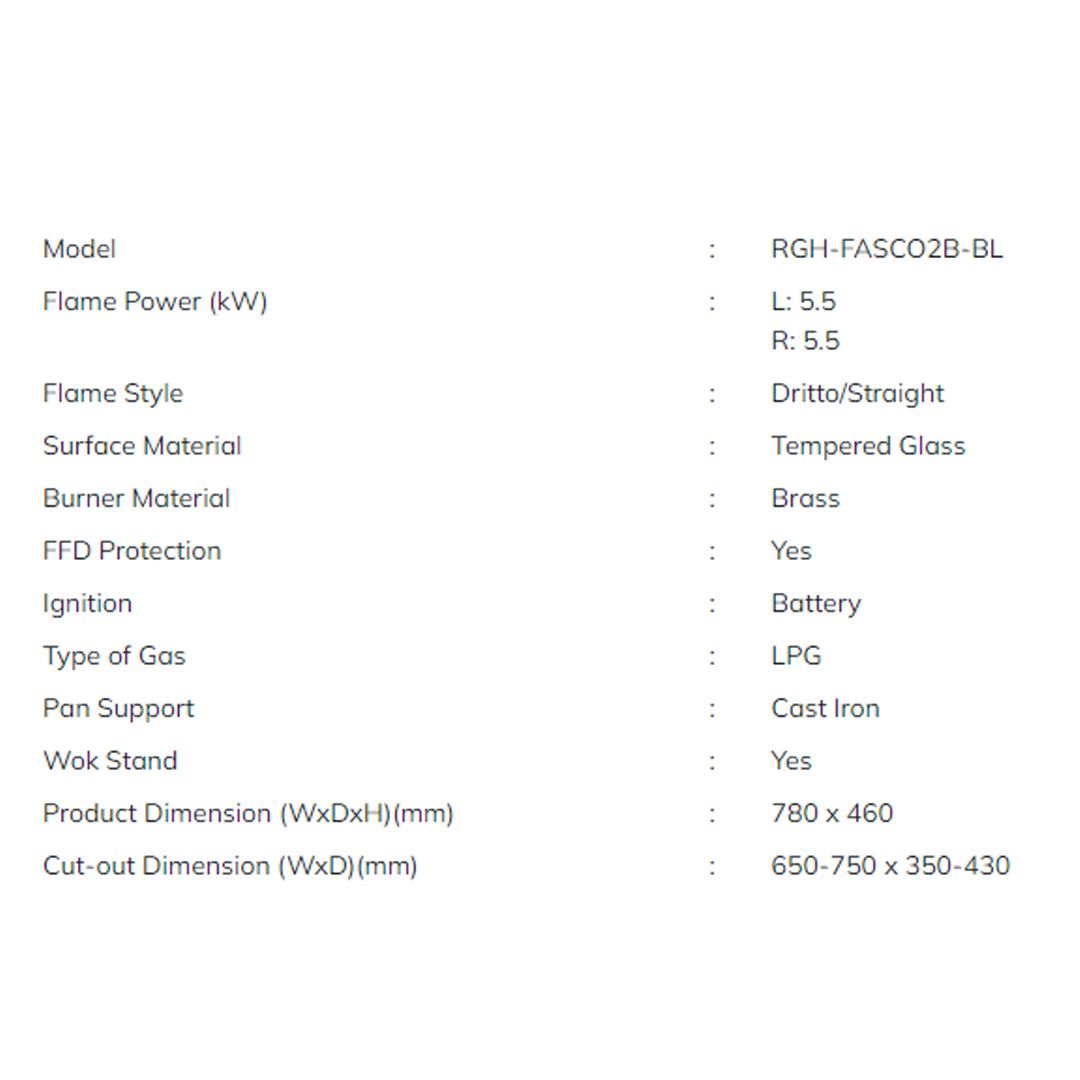 Rubine 2 Burners Built-in Glass Gas Hob RGH-FASCO2B  | 5.5kW Flame Power | FASCO Dritto Flame Style | Concentra Pan Support | Hood with 1.5 Year Warranty