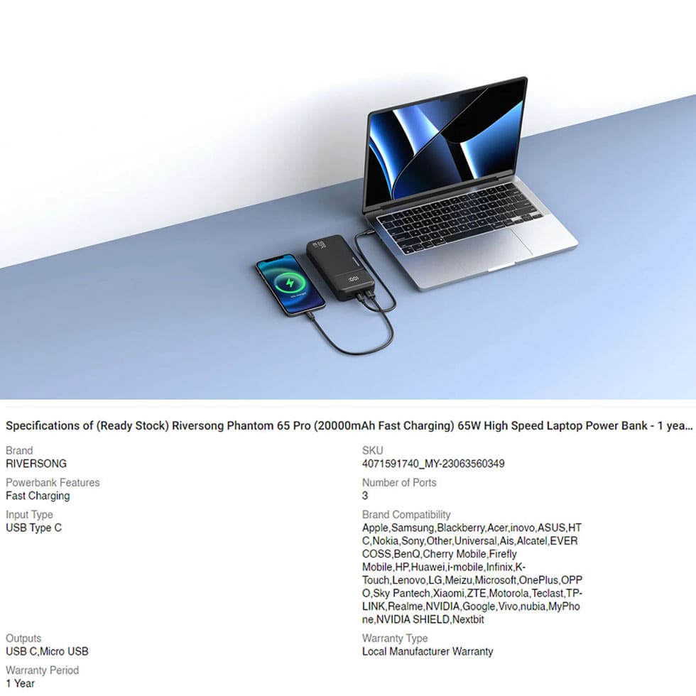 RIVERSONG 20000mAh Phantom 65 Pro | 64W Fast Charging | Wide Compatiblity | High Speed Laptop Power Bank | Power Bank with 1 Year Warranty