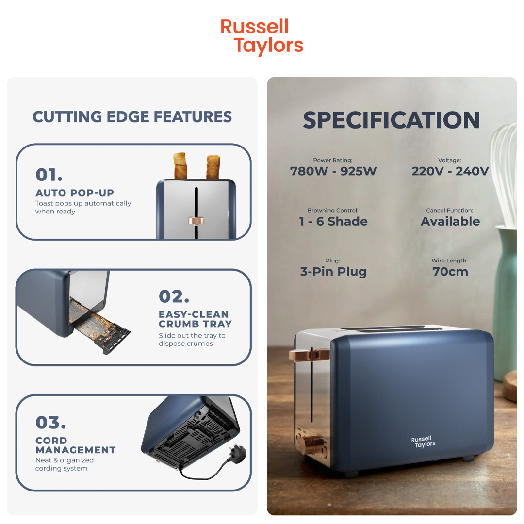 Russell Taylors 2 Slices Retro Toaster RT-20 | Stainless Steel | 6-Shade Setting | Smart Toasting Options | Toaster with 2 Year Warranty