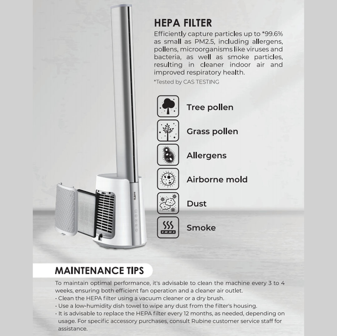 Rubine 36W 2 in 1 Air Purifier Bladeless Fan RBF-PISATA-SW | Built-in Activated HEPA Filter | High-grade Aluminium Air-duct | 4° Circulation Angle Design | Powerful BLDC Motor | Fan with 1 Year Warranty