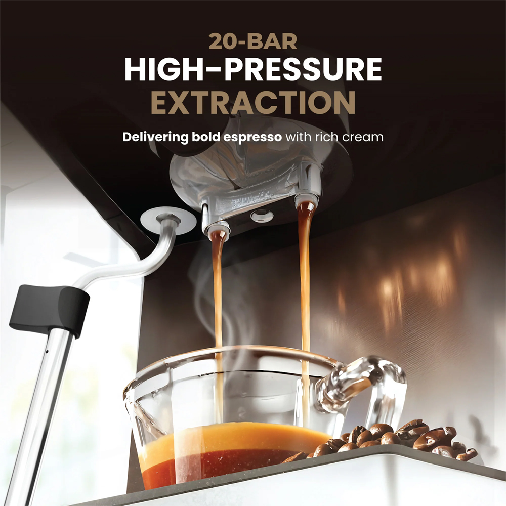 Russell Taylors 1350W 20 Bar Espresso Coffee Machine Digital Coffee Maker EM1 | Home Barista Milk Wand | 1L Detachable Water Tank