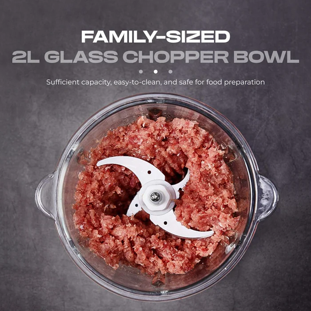 Russell Taylors 2L Glass Bowl Food Chopper FC2 | 2 Layers 304 Stainless Steel Blades | 2L Glass Chopper Bowl | 300W Powerful Motor | 2 -Speed Control