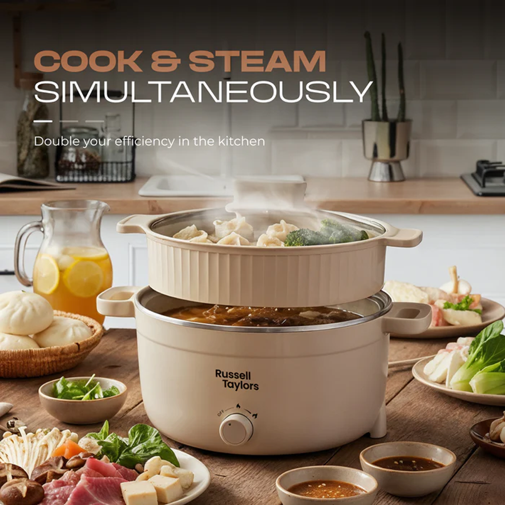 Russell Taylors 4.4L Multi Cooker with Steamer MC8 | 1000W | Compact Cooking Delight | Ceramic Non-Stick Coating