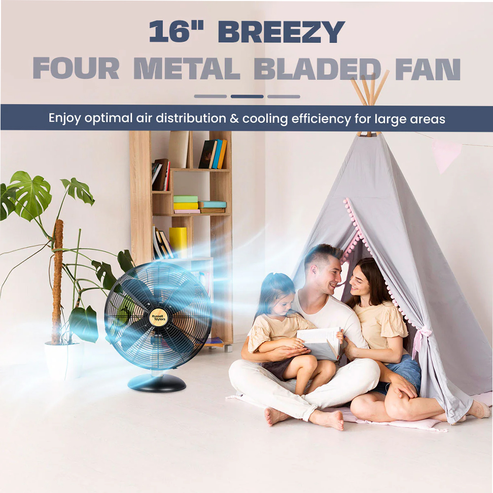 Russell Taylors 16" 4-Blade Stand Fan/Table Fan with Metal Blade SF3 TF3 | 3-Speed Selection | Wide-Angle Breeze Tilt & Oscillation