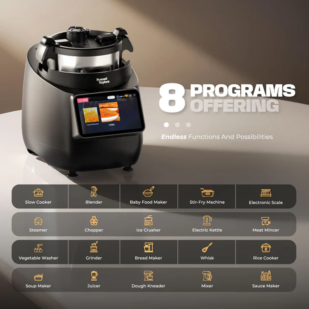 Russell Taylors 3L iMix Pro Smart Cooker with Air Fryer Automatic Cooking Robot i5 PRO | 1400W | 8 Programs Offering | 200+ Recipes | Self-Cleaning Mode