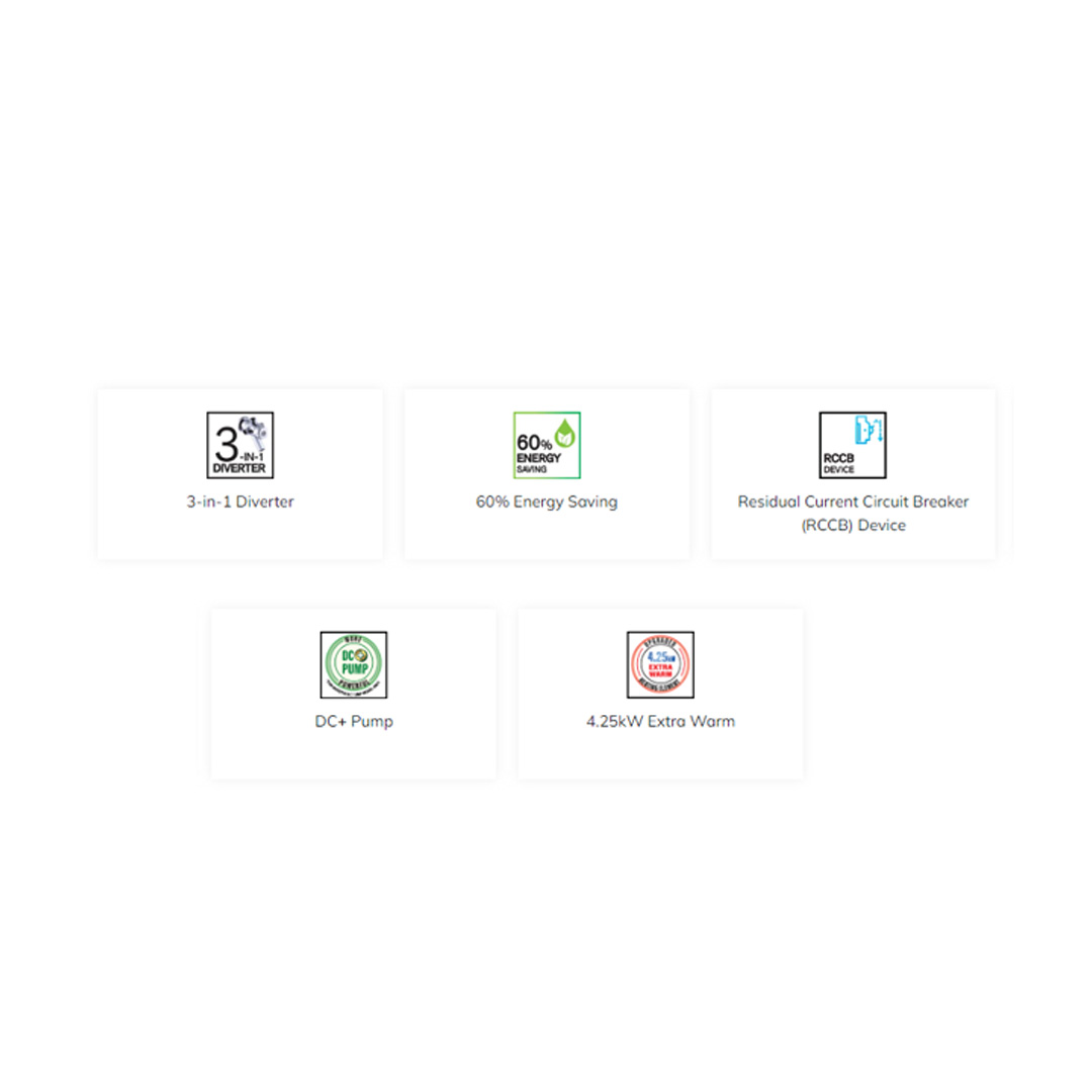 Rubine 3600W Cetus Series DC Pump Instant Water Heater with Rain Shower | RWH-CE521D-MRCG /  RWH-CE521D-MRIG  /  RWH-CE521D-MRSB |  4.25kW (Extra Warm) |  3-in-1 Diverter |  60% Energy Saving |  Water Heater with 1 Year Warranty