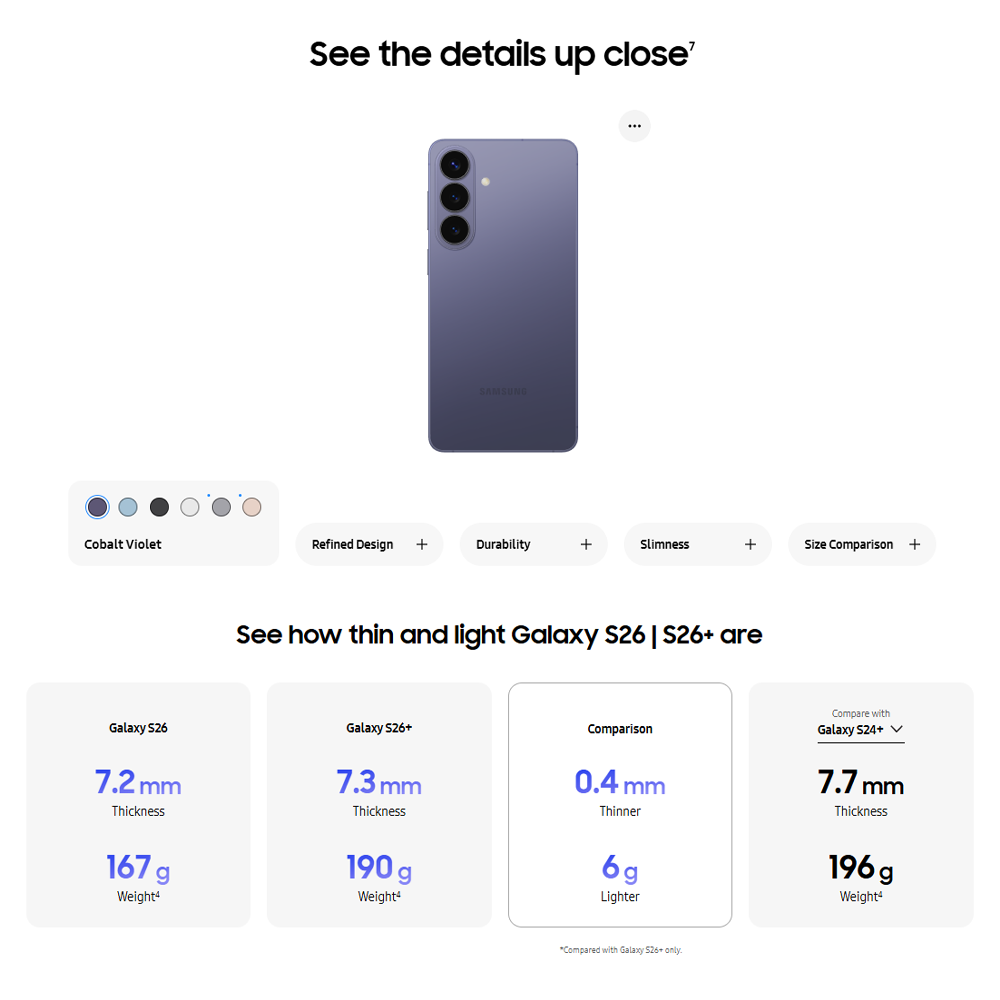 SAMSUNG Galaxy S26+ 12GB+256GB/12GB+512GB | 6.7 inches, Dynamic LTPO AMOLED 2X | 50MP Rear Camera | Exynos 2600 (2 nm) | Dual SIM | Li-Ion 4900 mAh, 45W wired